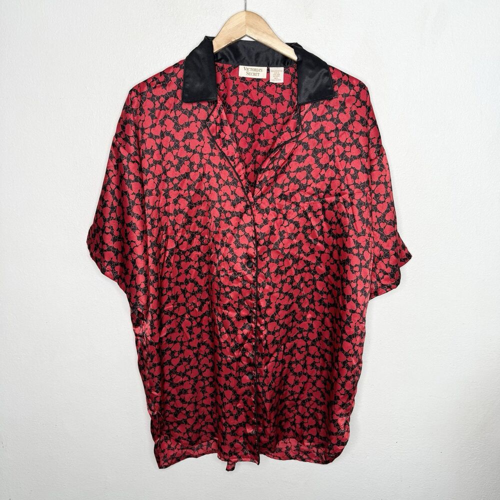 Vintage 80s Gold Tag‎ Victorias Secret Red Black Heart Sleep Shirt Women’s M/L